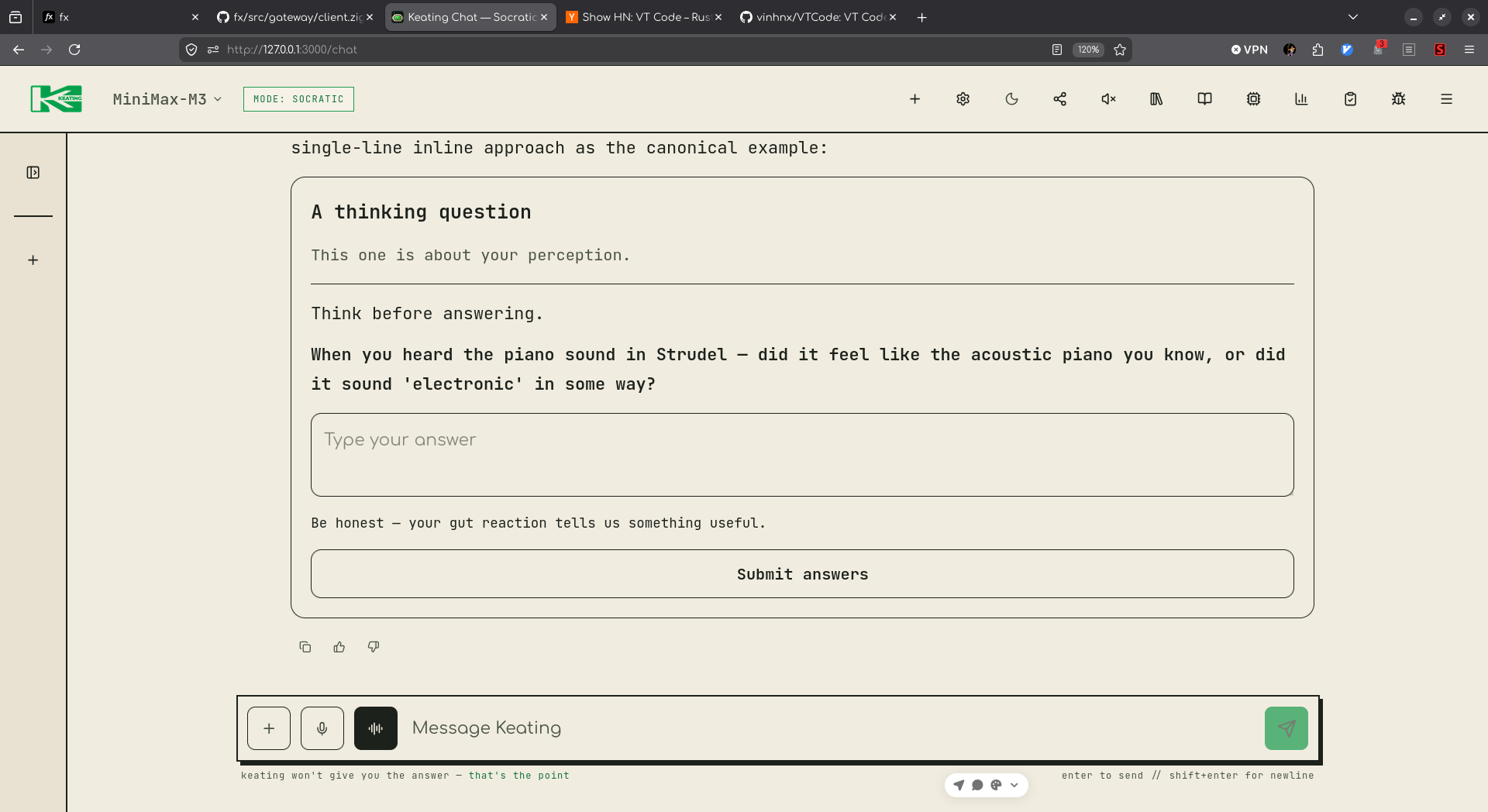 An interactive thinking question asks how a piano sound felt, with a text answer field and a Submit answers button.