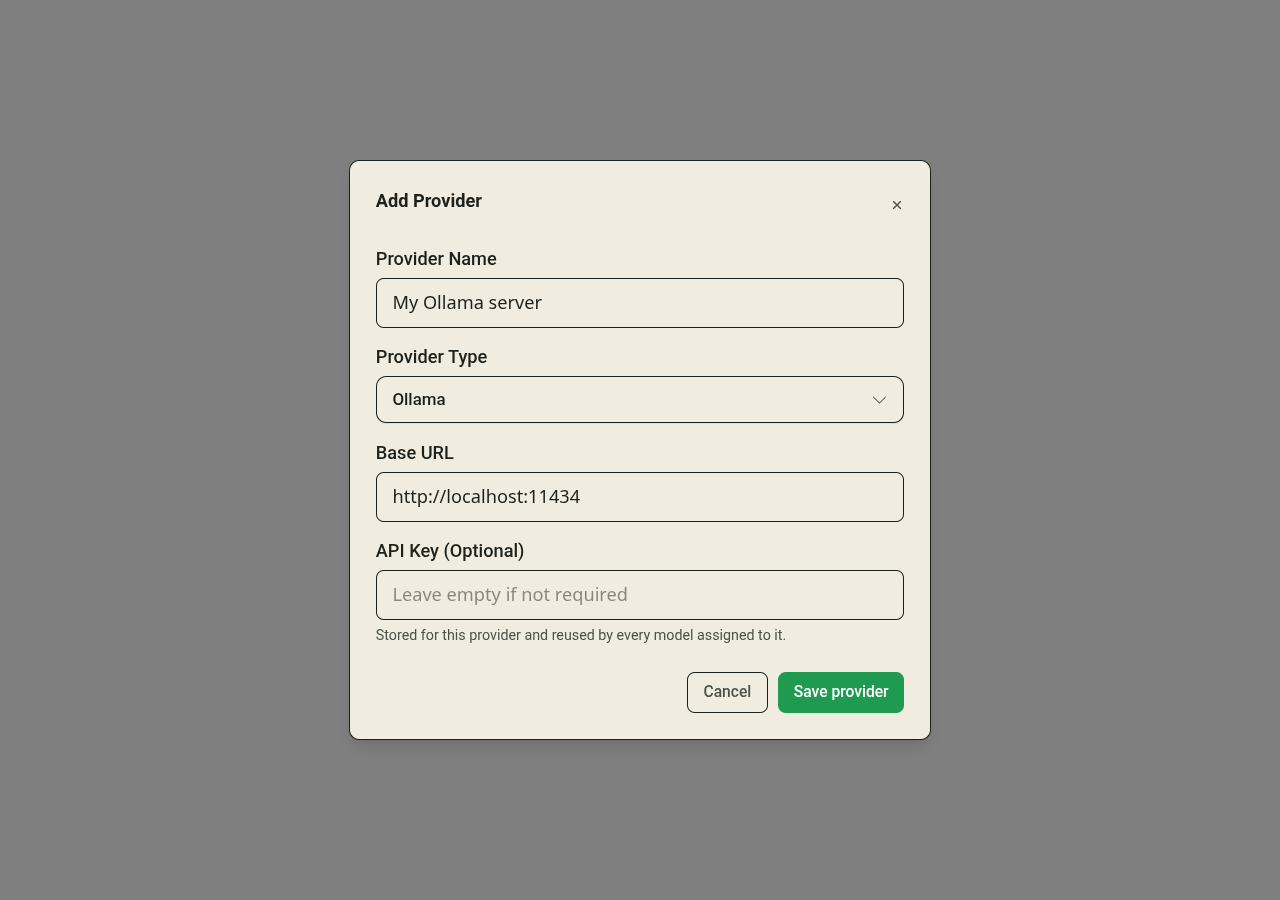 Custom provider dialog with name, base URL, and API key fields.
