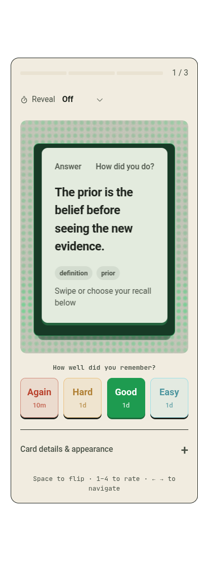 Revealed flashcard answer with Again, Hard, Good, and Easy ratings at narrow browser width.