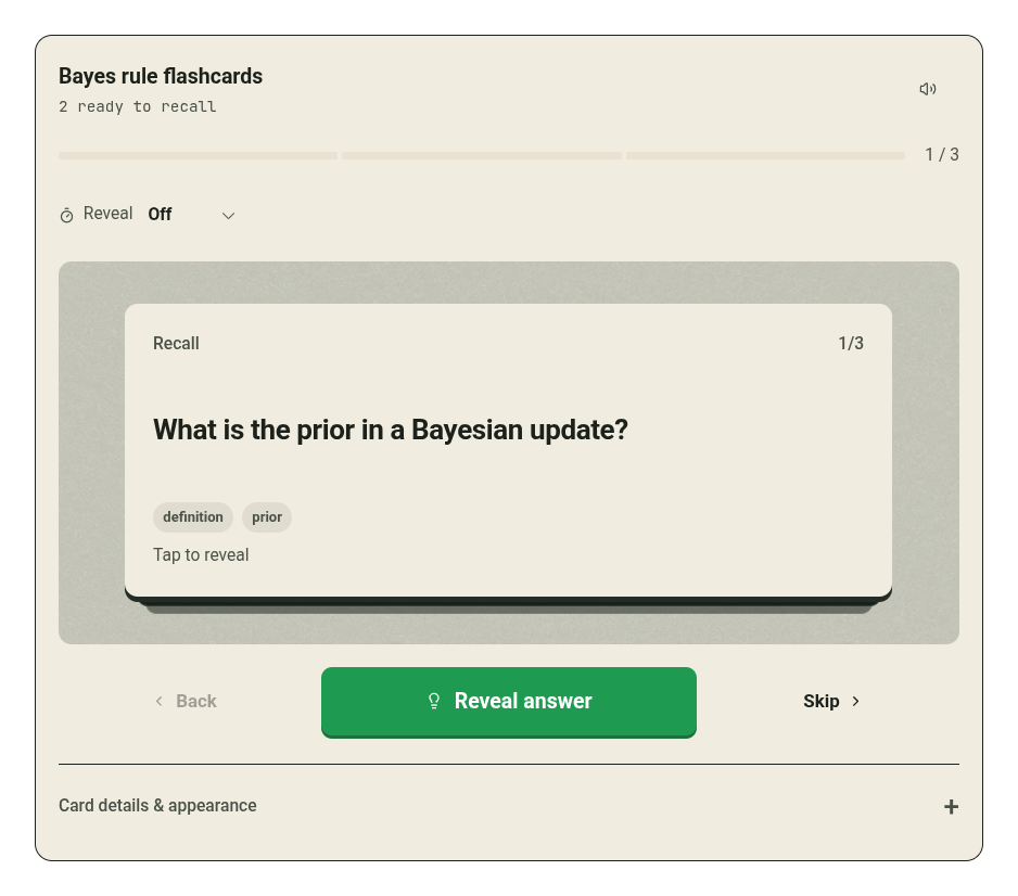 Flashcard review with recall controls.