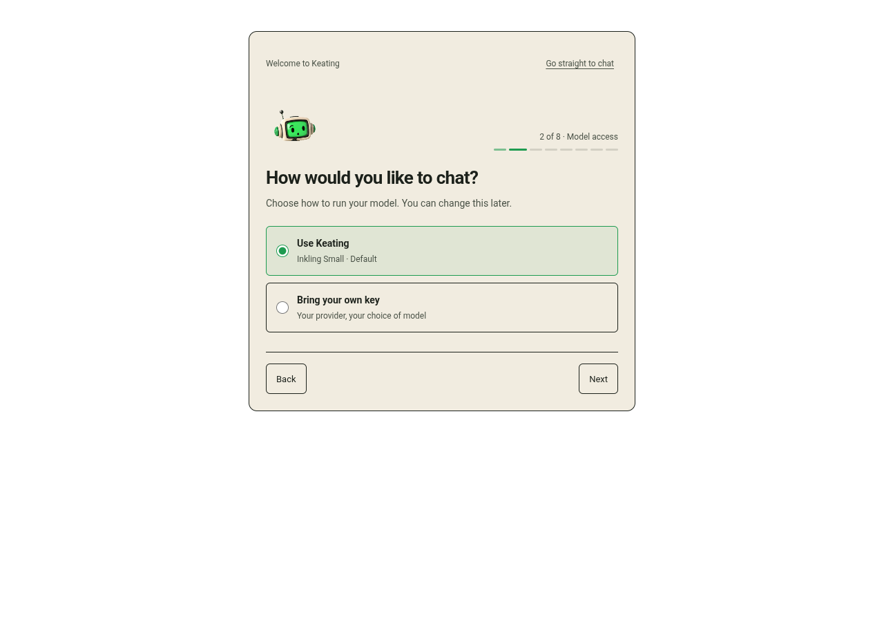 Onboarding model access choices.