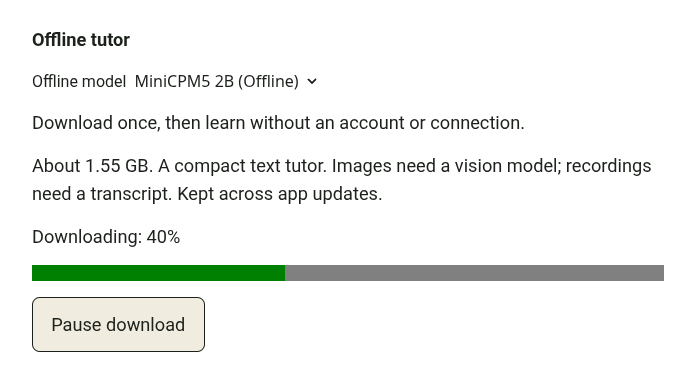 Offline tutor settings showing download progress.