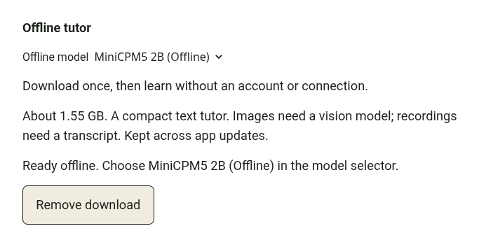 Offline tutor settings showing a model ready offline.