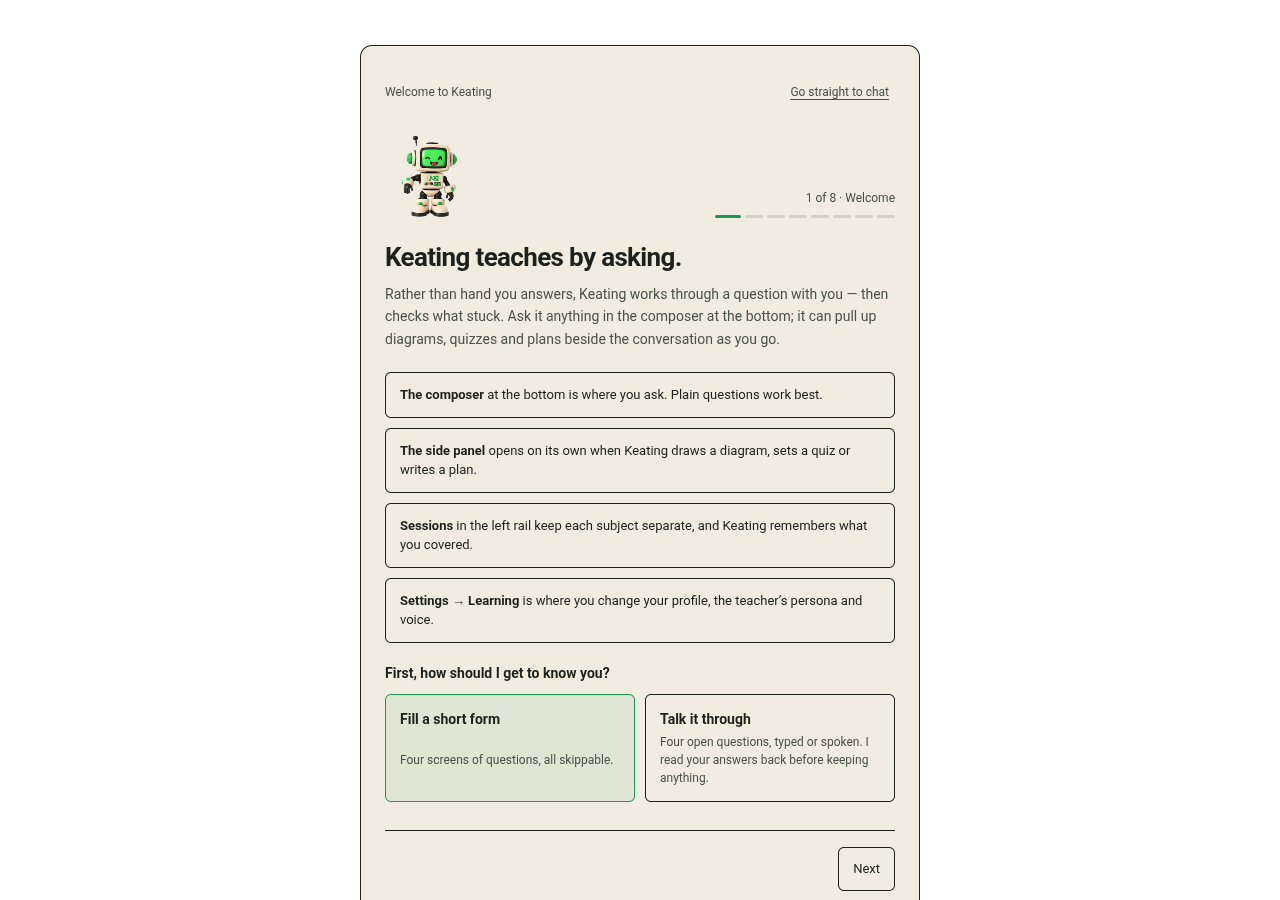 Welcome to Keating onboarding at desktop width.