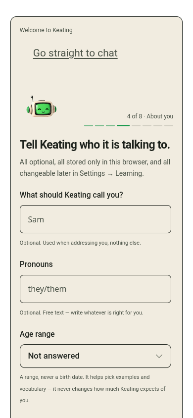 Welcome to Keating onboarding at narrow browser width.