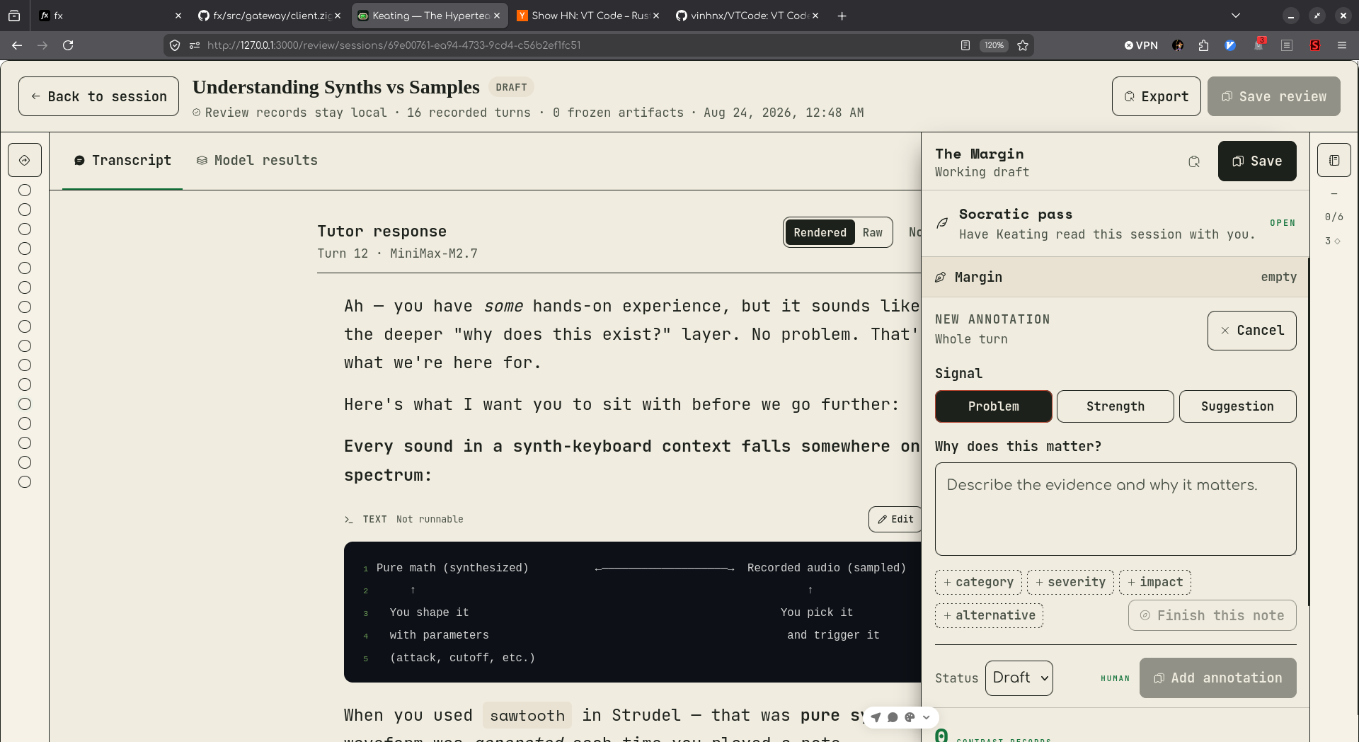 The Margin contains a new whole-turn annotation with Problem selected, an empty Why does this matter field, optional details, and Draft status.