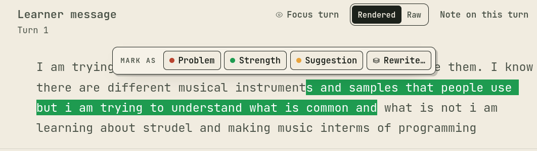 Selected transcript text has a Mark as toolbar offering Problem, Strength, Suggestion, and Rewrite.