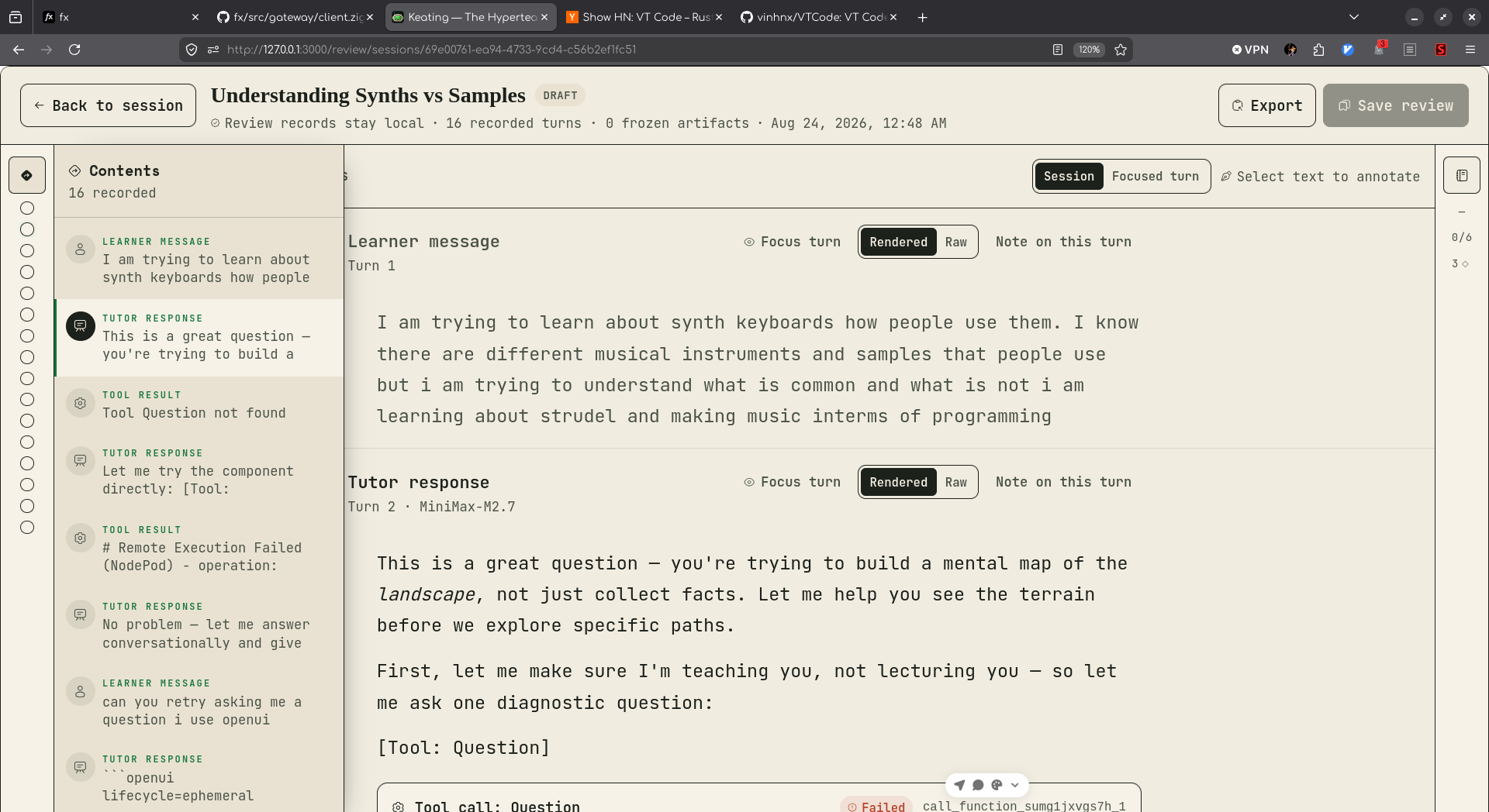 A review of Understanding Synths vs Samples has a Contents list on the left, the original learner and tutor messages in the centre, and a collapsed margin on the right.