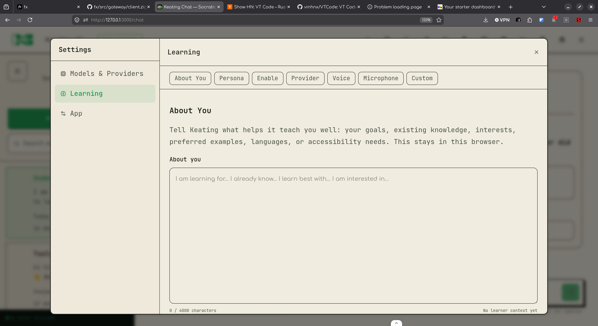 Settings is open to Learning and About You, with an empty field for goals, prior knowledge, interests, languages, and accessibility needs.