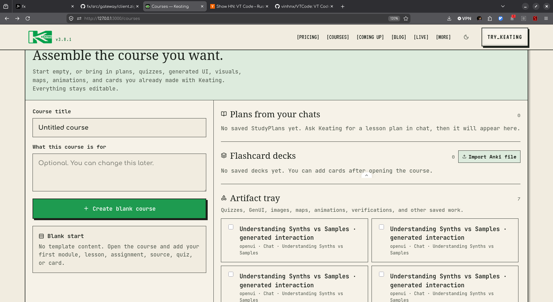 An earlier course builder has title and purpose fields beside saved plans, flashcard decks, and an artifact tray containing generated interactions.