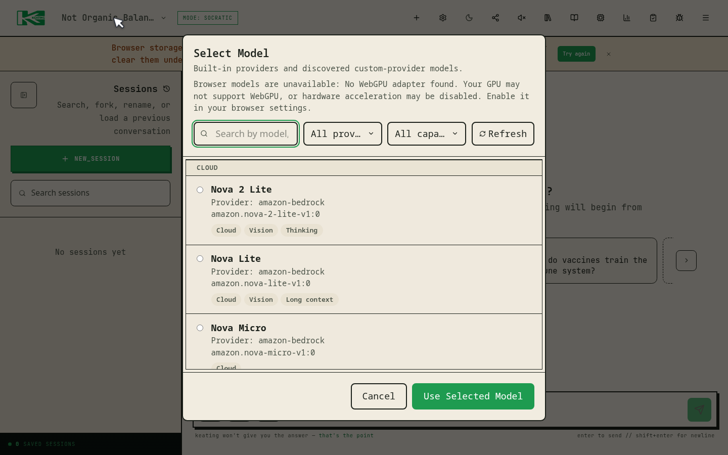 The earlier model picker reports that browser models are unavailable while still listing built-in cloud models.
