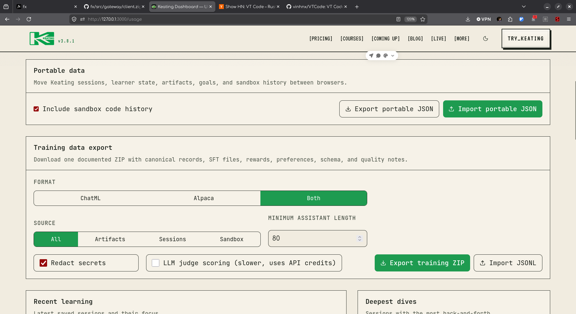 The Portable data panel has Export portable JSON and Import portable JSON controls above a separate Training data export panel.